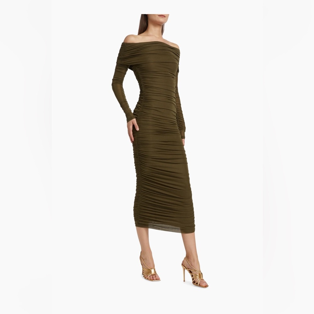 Ronny Kobo Varonica Ruched Off-The-Shoulder Midi Dress